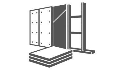 Wandsysteme im Trockenbau für flexible Raumlösungen Schwarz-weißes Icon für Wandsysteme im Trockenbau mit Wandaufbau und Trockenbauplatten