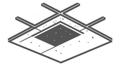 Deckensysteme im Trockenbau für Akustik und Innenausbau Schwarz-weißes Icon für Deckensysteme im Trockenbau mit abgehängter Decke und Deckenplatten