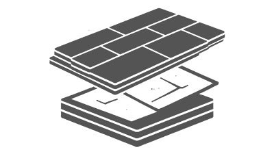 Bodensysteme mit Trockenestrich für modernen Innenausbau Schwarz-weißes Icon für Bodensysteme mit Trockenunterboden und mehrschichtigem Bodenaufbau